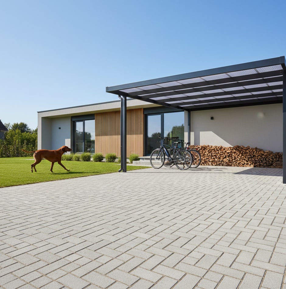 Hellgraue Pflasterfläche vor einem modernen Wohnhaus mit Carport